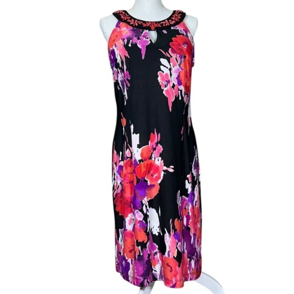 Sandra Darren Dress Beaded Keyhole Watercolor Floral Slip On Black Pink Size 12 - Picture 3 of 16